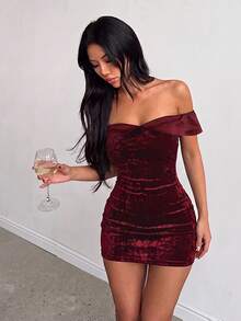 Autumn Burgundy Sexy Slim Fit Off-Shoulder Mini Dress, Women's Elegant Dress - Burgundy - View 5