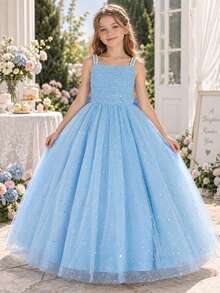 Tween Girls Faux Pearl Strap Sequin Light Blue Tulle Back Bow Elegant Ball Gown, Suitable For Wedding Party, Headband Not Included - Baby Blue - View 1