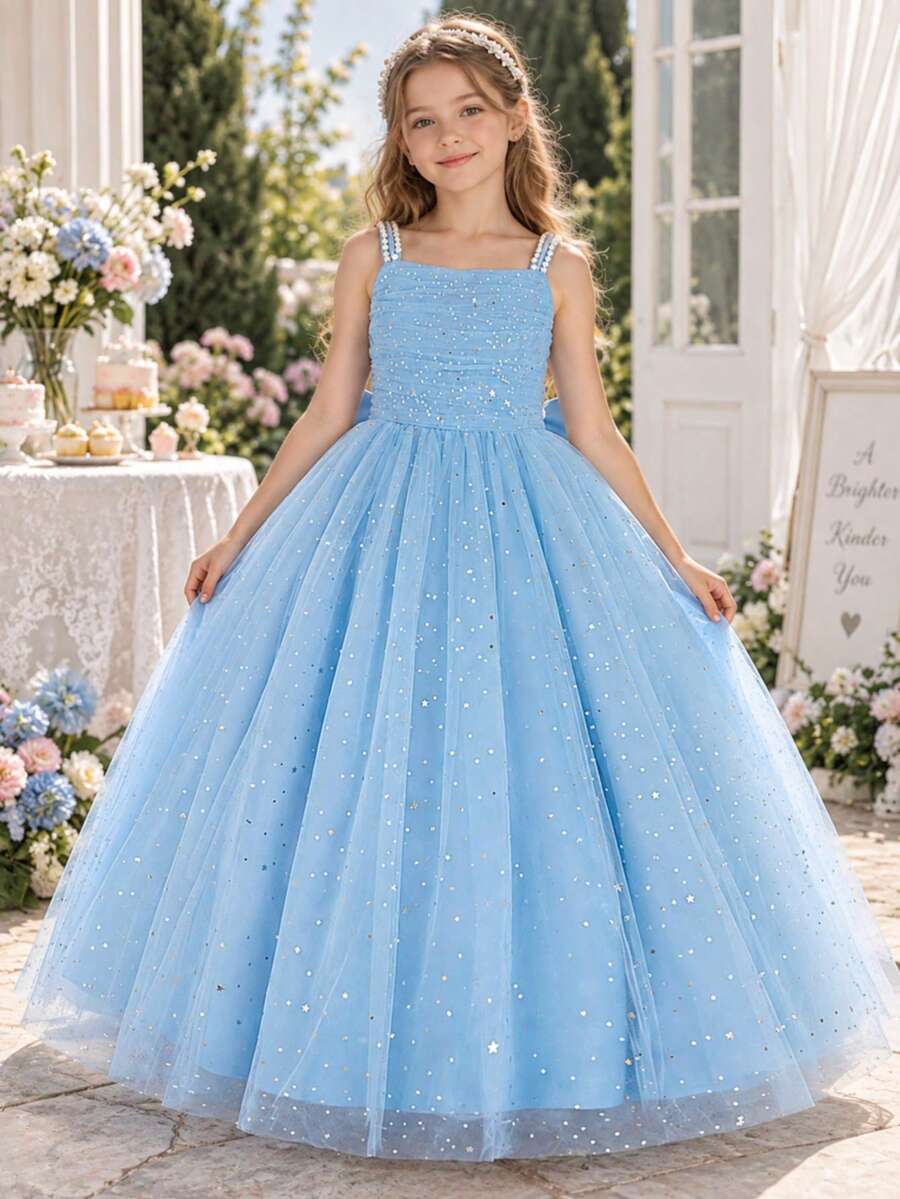 Tween Girls Faux Pearl Strap Sequin Light Blue Tulle Back Bow Elegant Ball Gown, Suitable For Wedding Party, Headband Not Included - Baby Blue - View 1