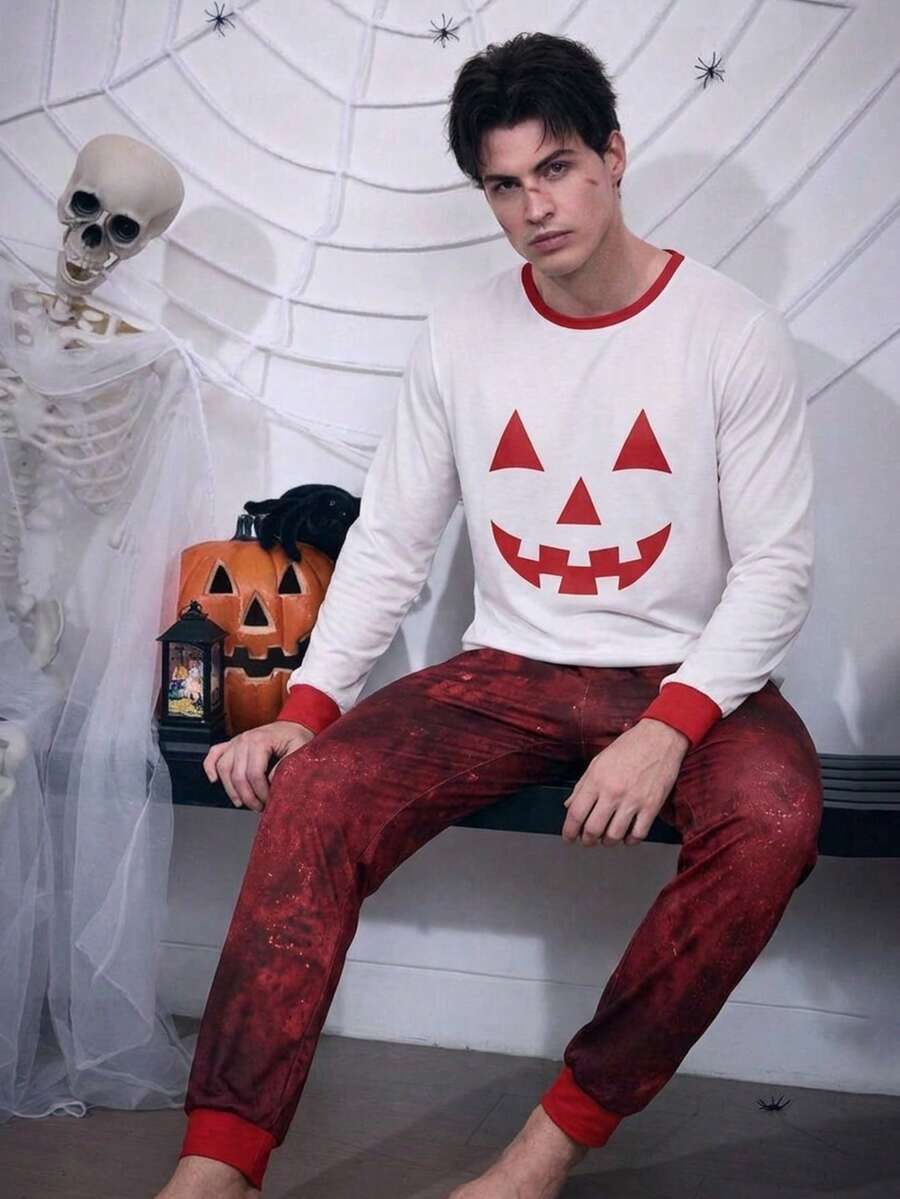Men's Halloween Theme Pajamas, Pumpkin Ghost Face Pattern Long Sleeve & Long Pants, 2 Pieces Set Recommended For Party Wear - Multicolor - View 1