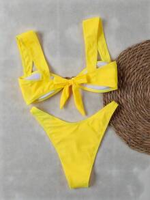 Metal Shell Decorated Yellow Wide-Shoulder Strap Bikini Two Pieces Set, Elegant And Casual Swimsuit Set For Summer Beach Vacation Party - Yellow - View 6