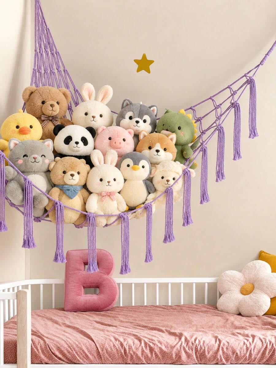 1pc Back To School Large Plush Doll Storage Net/Hammock, 55 Inch Doll Hammock, Macaron Color Plush Corner Hanging Net, Mesh Hammock With Hooks, Bedroom Living Room Plush Storage Rack, Linen Woven Plush Net, Plush Storage Bag, Large Plush Net - Multicolor - View 1