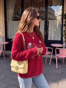 Women's Cute Plush Pattern Loose Pullover Sweater Top, Autumn/Winter Christmas Halloween Thanksgiving Weekend Outfit - Red - View 1