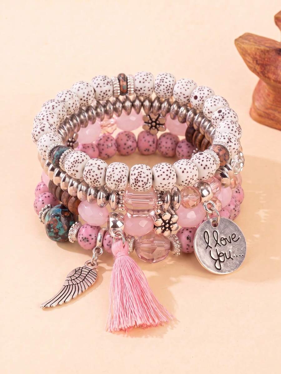 4pcs Angel Wing Pendant Tassel Multi-Layer Stackable Bracelet Set, Vintage Beaded Women's Atmospheric Jewelry - Pink - View 1