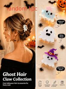 3pcs/1pc Random Halloween Ghost Hair Clips, Cute Holographic Cartoon Ghost Acrylic Hair Clips, Fun Spooky Hair Accessories, Suitable For Women And Girls Halloween Party Costume - Multicolor - View 10