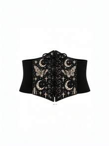 1 chiếc đai thắt eo co giãn in họa tiết ngẫu nhiên bướm đêm ánh trăng Halloween cho nữ, thắt lưng eo phong cách phù thủy ma thuật, phụ kiện trang trí tiệc - Bướm ánh trăng đen - Xem 2