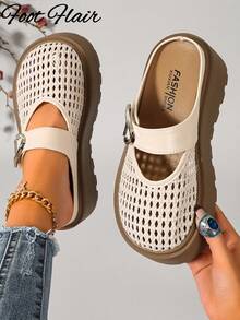 Foot Flair 女款扣飾圓頭一腳蹬楔形厚底樂福鞋，波希米亞風，適合音樂節、伸展台、派對與日常穿著，厚底增高鞋 - 米色 - 查看 2