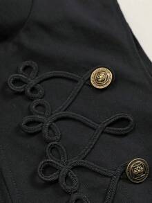 Aliao 女款黑色純色 3D 拿破崙繩編刺繡雙排扣立領長袖收腰夾克，適合辦公通勤、時尚都市風、返校季、下午茶約會、日、派對、日常穿著 - 黑色 - 查看 8