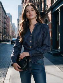Women Vertical Striped Ruffle Cuff Shirt Button Down Casual V Neck Tops For Going Out Dating Daily Commuting - Blue - View 5