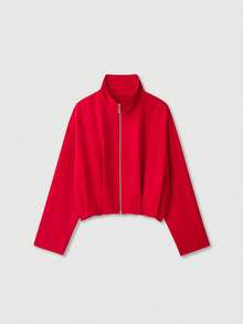 Jaket Penerbangan Wanita Lengan Panjang Kerah Tegak dengan Resleting untuk Musim Gugur/Dingin - Merah - View 1