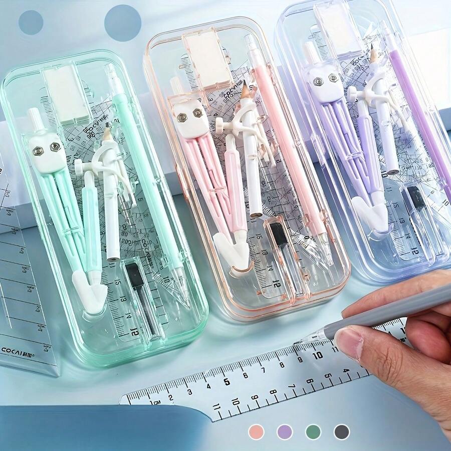 1 Set Math And Geometry Tool Kit, Includes 9 Office Supplies And Storage Box, Contains Triangle Ruler, Protractor, Ruler, Eraser, Pencil And Mechanical Pencil, Eraser, Compass And Other Tools. - Green Kit - View 1