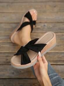 Women's Solid Color Vacation Cross Strap Wedge Heel Thick Sole Sandals Beach Summer - Black - View 3
