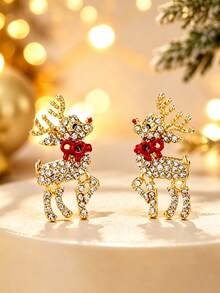 Sparkling Full Rhinestone Christmas Reindeer Earrings With Red Bow, Christmas Party Gift For Women Stud Earrings - Style 1 - View 4