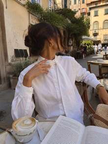 French Style Elegant Stand Collar Loose Fit Slimming Long Sleeve Blouse With Ribbon Detail, Versatile Top - White - View 2