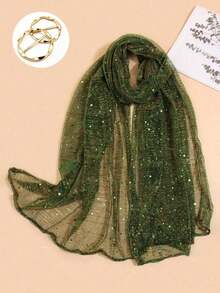 1pc Women's Sequin Solid Color Headscarf Shawl, Lightweight Sun Protection Scarf, Suitable For Outdoor Daily Wear - Green - View 6