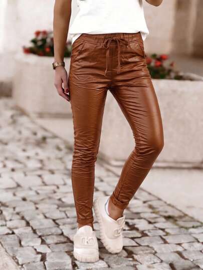 Women High Waist Fleece Lined PU Faux Leather Pants, Drawstring Boyfriend Style, Stretchy Loose Skinny Fit Casual Trousers With Pleated Pockets Winter