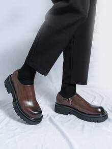 Men's Brown Round Toe Side Zipper Slip-On Loafers With Thick Sole, Formal Casual Business Daily Versatile Shoes - Brown - View 8