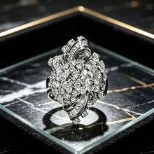 Cincin Zirkonia Bertatahkan Bunga Baru, Perhiasan Tembaga Mewah, Sumber E-Commerce Lintas Batas Eropa dan Amerika - Emas putih - View 1