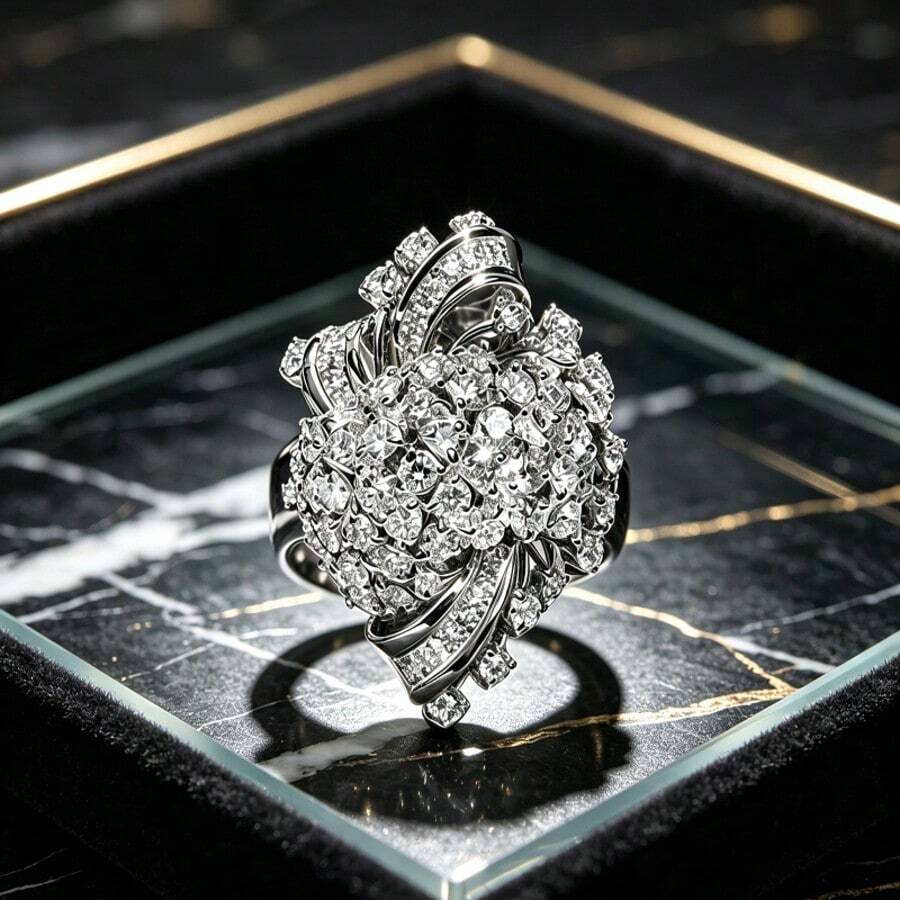 Cincin Zirkonia Bertatahkan Bunga Baru, Perhiasan Tembaga Mewah, Sumber E-Commerce Lintas Batas Eropa dan Amerika - Emas putih - View 1