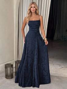 Unadoll Women's Autumn Deep Blue Floral Jacquard Maxi Dress, Spaghetti Strap Tie Back Open Back A-Line Dress, Suitable For Party, Wedding Guest And Date Night - Navy Blue - View 10