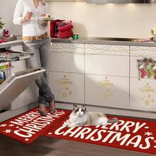 1pc Christmas Series Red Background Merry Christmas Text Pattern Printed Faux Wool TPR Bottom Doormat, Bathroom Mat, Kitchen Mat, Laundry Room Mat, Holiday Atmosphere Decor, Home Decor, Party Decor, Wedding Decor, Dining Kitchen Decor - Multicolor - View 9