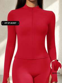 Women's Thumbhole Stand Collar Zip-Up Cropped Jacket, Slim Fit Seamless Cardigan For Running, Yoga, Pilates, Gym - Red - View 7