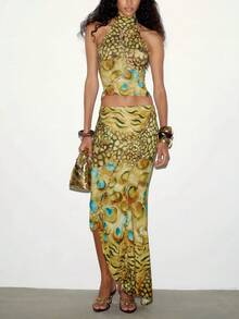 Chic Women's Cheetah Print Halter Two Pieces Outfit With Maxi Skirt, Sexy Bodycon Ensemble For Parties & Special Occasions, Medium Stretch - Green - View 2