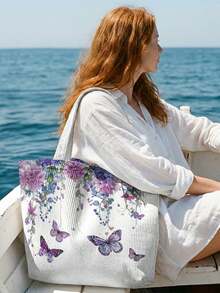 1Pc Flowers & Butterfly Print Corduroy Large Capacity Open Top Tote Bag, Holds Books Daily Essentials For Student School Shopping Daily Travel - Multicolor - View 10