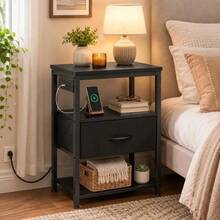 Buró Vintage con Estación de Carga USB y Tomas de Corriente, Mesa de Noche con Cajón Ajustable y 4 Niveles de Almacenamiento, Marrón para Recámara y Sala - Negro - Ver 4