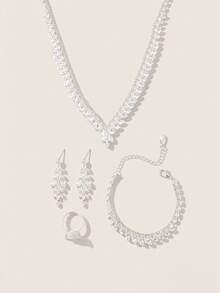 Valisandre 1pc Women's V-Shape Zirconia Necklace Set, Luxury Fashion Silver Jewelry 4pcs Accessory - Silver - View 5