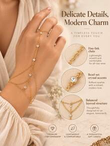 1pc Bohemian Style Crystal Multi-Layer Finger Hand Harness Chain Bracelet For Women, Summer Beach Hand Chain - Gold - View 4