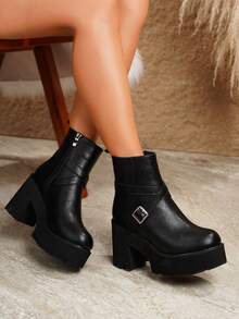 Women's Thick Sole Chunky Heel Square Buckle Ankle Boots With Side Zipper, Black - Black - View 3