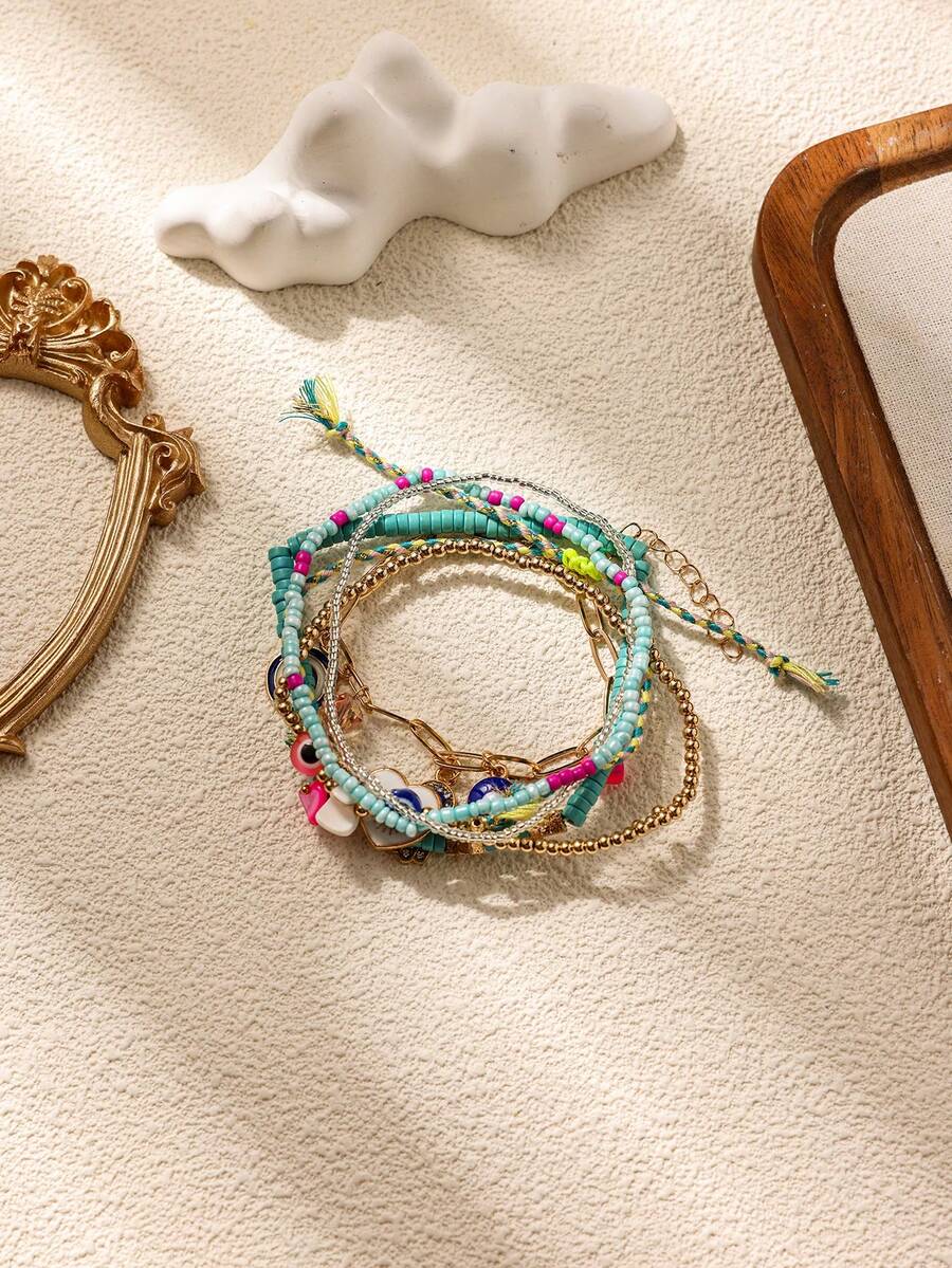 6pcs Bohemian Style Handmade Alloy Chain Evil Eye Anklet (CCB Seed Beads Unspecified) - Turquoise - View 1