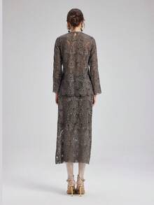Rich Radi Q's Casual Fashion Women's Lace Layered 2 Pieces Set, Hollow Round Neck Top With Bodycon Skirt, Create A Stylish Look - Brown - View 4