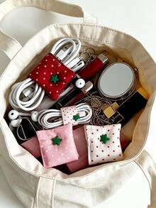 Korean Ins Style Double-Sided Polka Dot Fabric Cable Organizer, Tomato Color Star Button Data Cable Storage Clip, Cute Fabric Cord Winder, Charging Cable Management Organizer, Desktop Storage Accessory - Multicolor - View 7