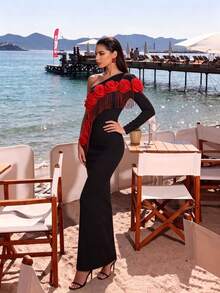 Elegant Black One-Shoulder Long Sleeve Dress, Decorated With Sexy 3D Red Roses And Beaded Tassels, Medium Stretch Knit Fabric, Suitable For Party Wear. - Black - View 4