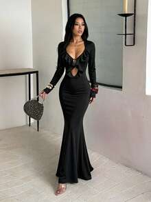 1pc Solid Color Elegant Knit Fabric Dress For Wedding Autumn - Black - View 3