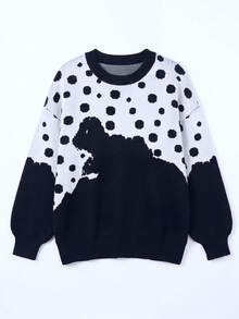 Women's Polka Dot Print Contrast Color Long Sleeve Crew Neck Knit Sweater Loose Casual Streetwear Pullover Black & White Autumn/Winter - Black and White - View 7