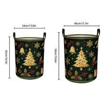 1PC Dark Green Golden Christmas Tree Print Storage Bucket With Handles, Large Capacity Fabric Storage Basket - Gold and Green - View 2