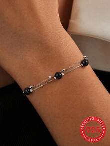 1pc S925 Sterling Silver Personalized Cool Double Layer Beaded Bracelet For Women, Niche Minimalist Design, Versatile Accessory For Daily Wear, Commute And Travel, Low-Key Atmosphere, Gift For Friends - Round Beads - View 2