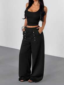 VENORA Decorative Double‑Row Button Elastic Waist Wide‑Leg Pants, Loose Fall High‑Waist Flared Trousers, Streetwear Casual Bottoms,Back To School ,Y2K - Black - View 2