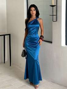 1pc Solid Color Elegant Knit Fabric Dress For Wedding Autumn - Blue - View 3