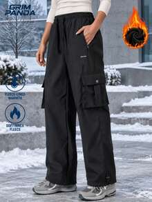 GRIM PANDA Women's Fall Winter Fleece Lined Cargo Pants Drawstring Elastic Waist Zip Pockets Straight Leg Thickened Warm Outdoor Hiking Daily Trousers - Black - View 9