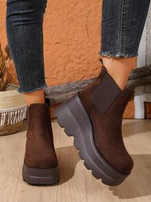 Women's Elastic Slip-On Wedge Heel Thick Sole Chelsea Ankle Boots, Velvet-Like Fabric - Coffee Brown - View 7