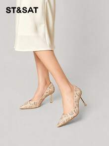 ST&SAT Women's Rhinestone Bow Decor Solid Color Pointed Toe Slip-On Low Chunky Heel Flat Shoes, Vintage Y2K Sweet Style, Date Commute Daily, Autumn Black PU Comfortable High Heels - Champagne Gold - View 8