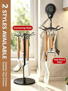 Multi-Hook 360° Rotating Kitchen Utensil Storage Rack, Drill-Free Suction Cup Wall Mount/Countertop Standing Options, Thickened Carbon Steel Pot & Ladle Hanging Rack, Space-Saving Kitchen Organizer, Suitable For Apartments And Rental Homes, Standing Storage Rack - Multicolor - View 7
