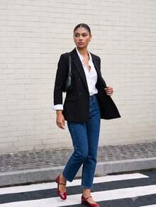 Women's Loose Fit Black Double-Breasted Blazer Jacket, Wrinkle-Resistant Casual Suit Jacket - Black - View 3