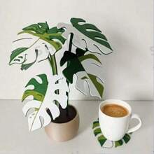 2D Leaf Shaped Coaster, Multi-Color Calla Lily Potted Plant, Acrylic Tropical Style Calla Lily Potted Plant, Tropical Style Desktop Decor, Unique Gift For Plant Lovers - Green - View 3