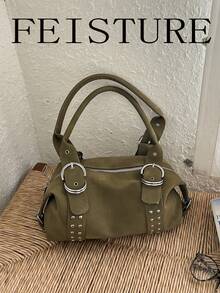 FEISTURE 1pc Rivet Embellished Women's Handbag, Solid Color PU Material Tote Bag, Suitable For Girls, Women, College Students, New Professionals And White-Collar Workers, Perfect For Work, Business, Commuting, School - Green - View 3