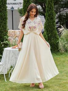 Women's Elegant Luxury One Size Computer Embroidered Sequin Beaded Ball Gown, Chiffon Batwing Sleeve, Pleated Hem - Champagne - View 2